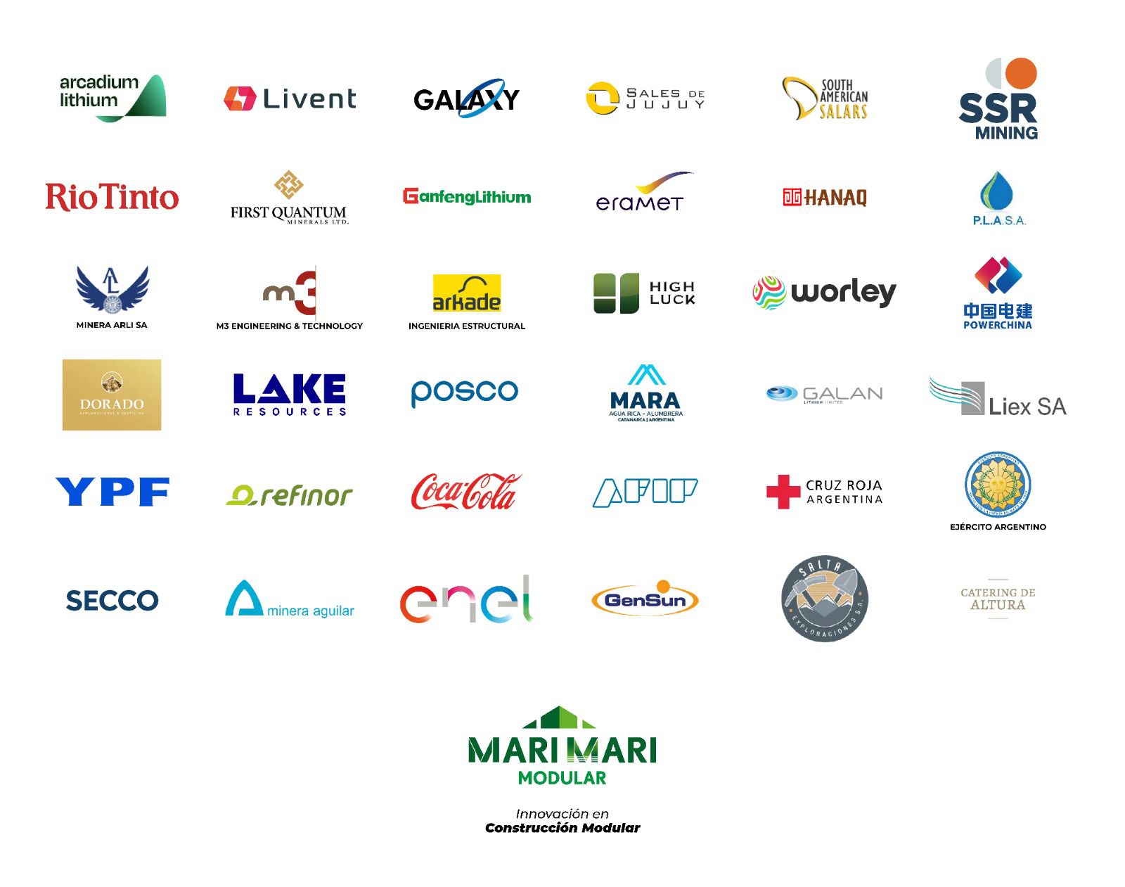 Clientes de Mari Mari Modular: Arcadium, Livent, Galaxy, Rio Tinto, GanfengLithium, POSCO, MARA, YPF, ENEL y más